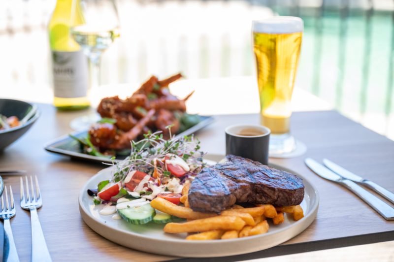 Steak and Sticky Korean Chicken Wings, Alfresco Dining at Coral Cay Bar & Grill Mackay