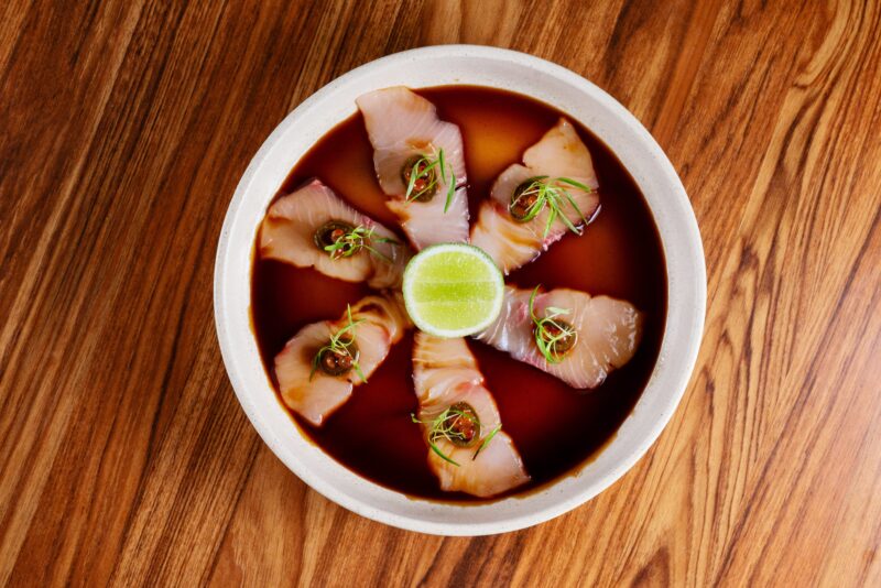 Kingfish sashimi, kombu, salmon pearls, pickled chilli soy