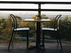 Chairs on the Lovewell Cafe Deck looking over Brisbane City Views