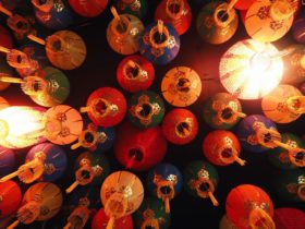 Asian themed lanterns hang from the roof