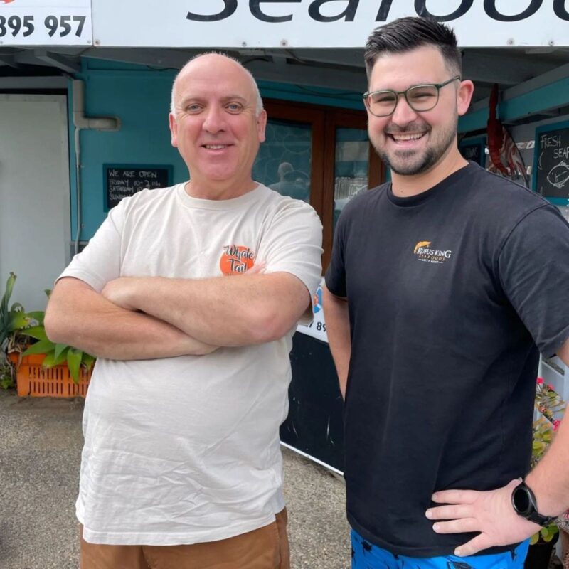 Garry and Bodean, owners of the prawn shack