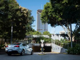 South Bank car park entrance in Brisbane with a white car entering