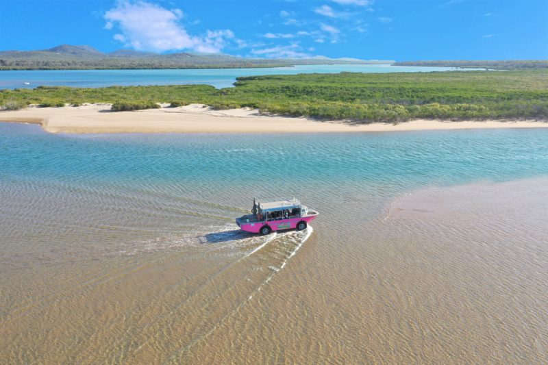 Pink amphibious vessel moving along beach in shallow water. Waterways and national park in backgroun