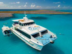 Large power catamaran sitting inside turquoise waters of Lady Musgrave Lagoon