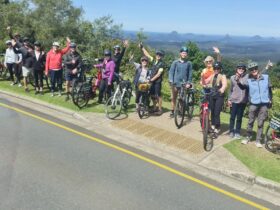 e-Bike Tour group viewing Mountian View Road Maleny