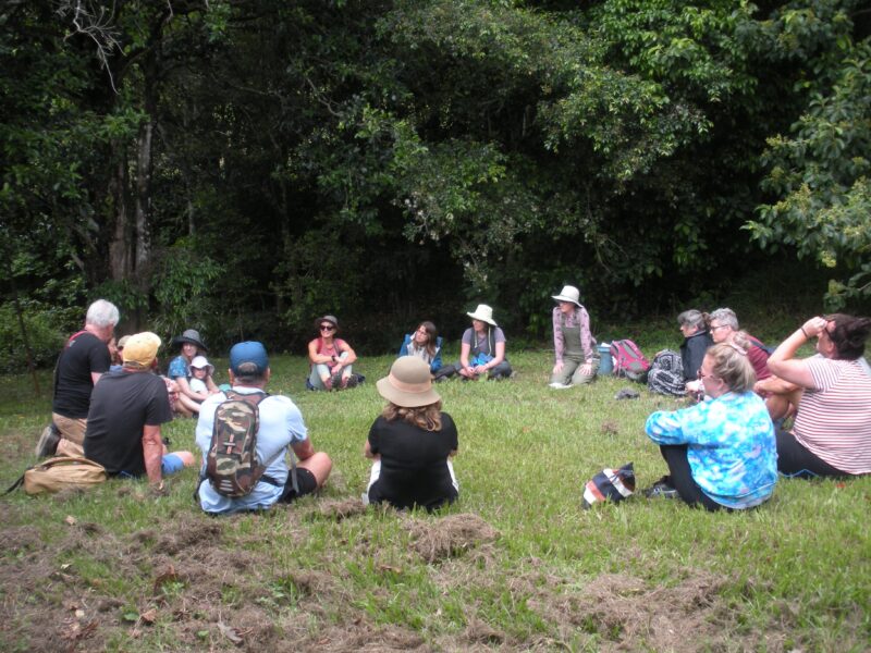 group of adults and children sitting on grass under trees with hats and backpacks