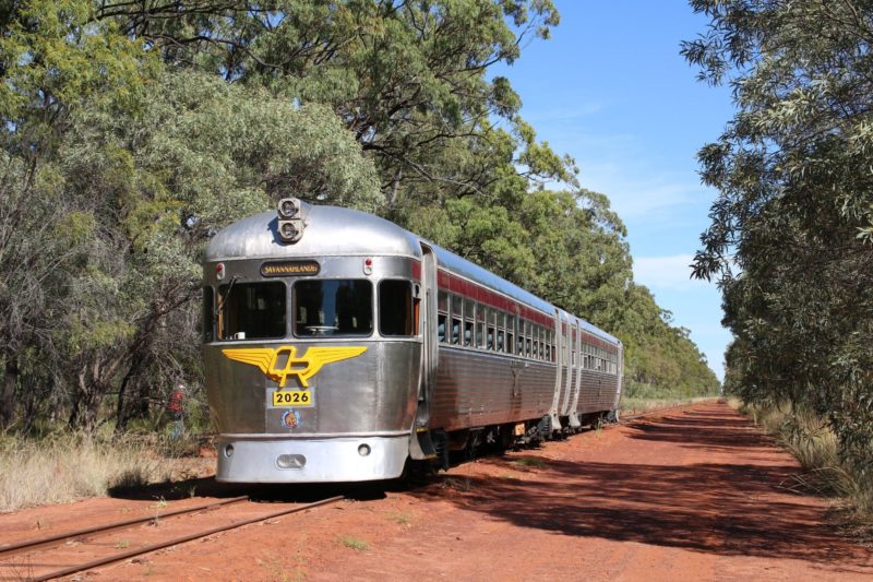 The Savannahlander railmotors stopped on the Newcastle Range in the bush