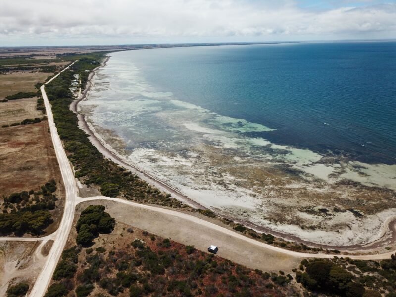 Drone image of southern Yorke Peninsula Coastline, with bush campground in foreground