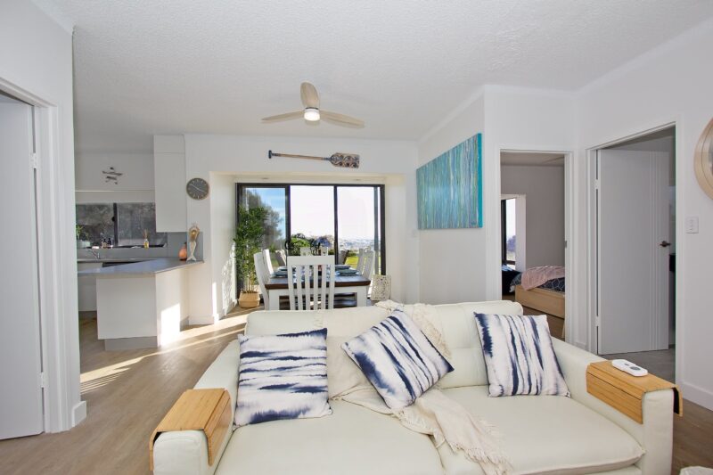 Lounge, dining and kitchen are all open plan with views of the ocean