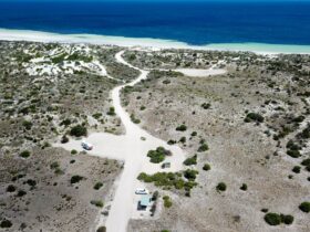 Drone view of white gravel track, shelter, blue ocean on horizon