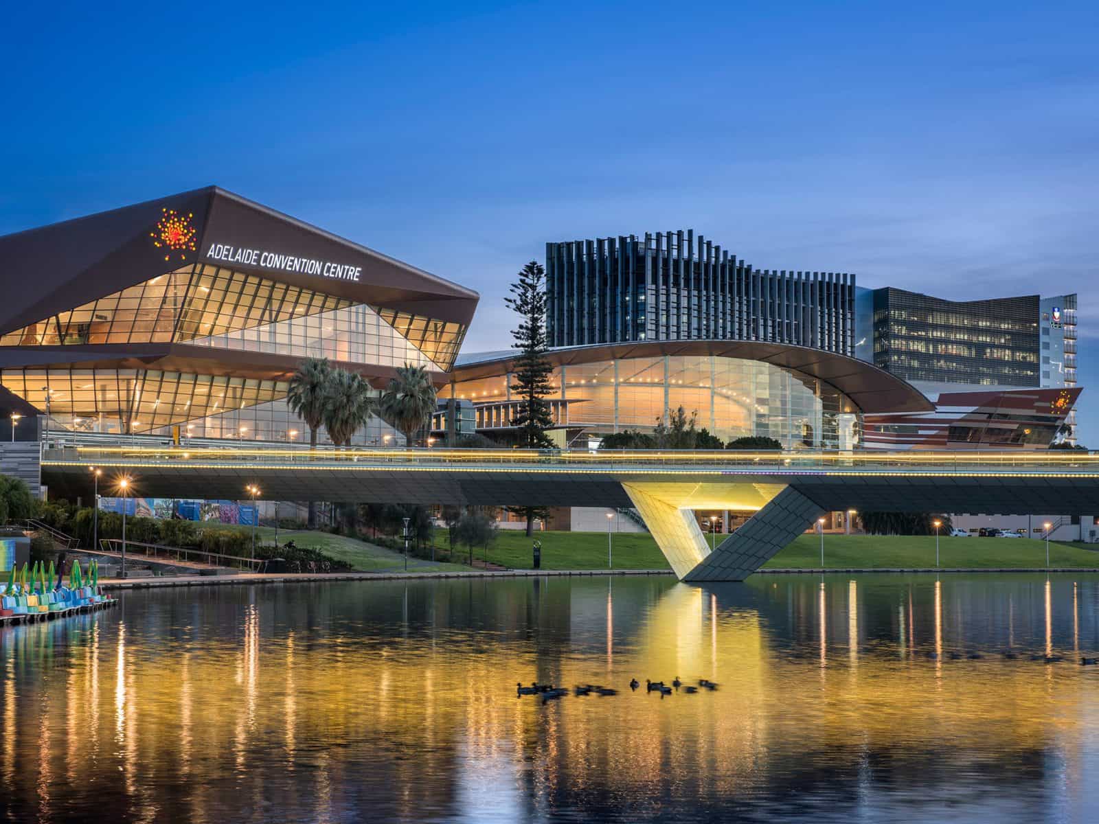 Looking across the River Torrens to the Adelaide Convention Centre at dusk.