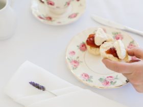 hand holding a scone with jam and cream