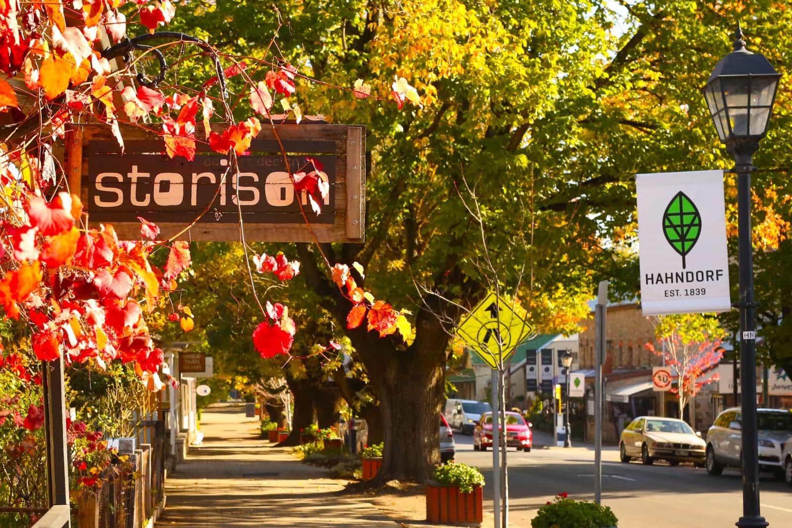 Footpath running alongside Hahndorf main street with signage, trees and autumn vines