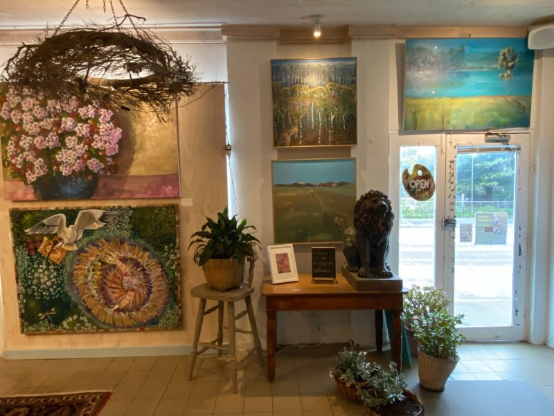 Inside of gallery, Large paintings on the walls, Glass Front door out on to street. Pot plants .