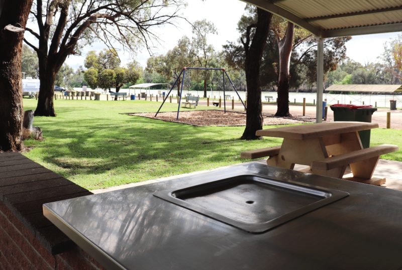 Free barbecue facilities are available underneath a large shelter next to the playground..