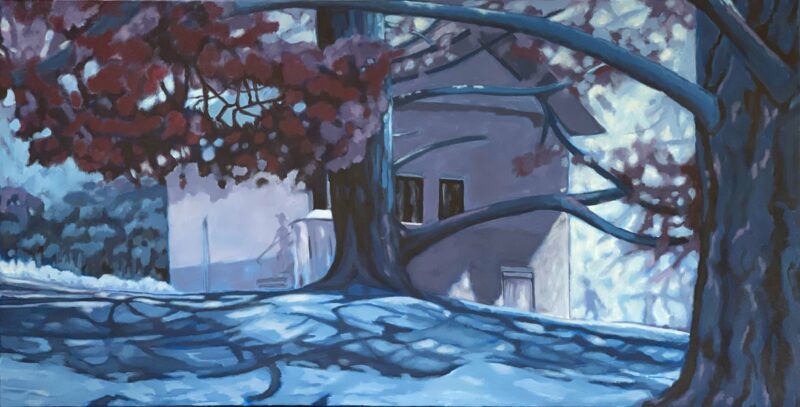 Painting of Cedars at Hahndorf, in blues