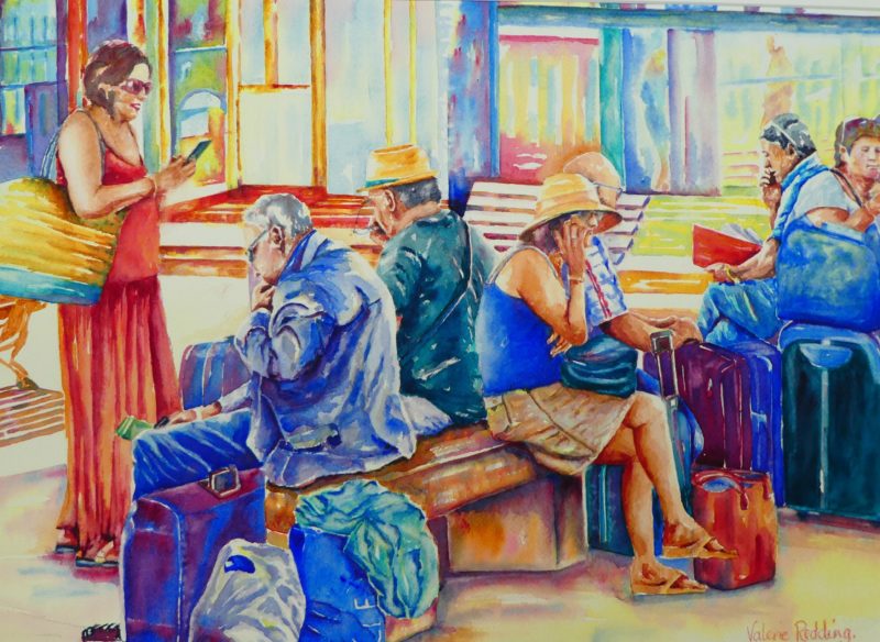 Painting depicting people waiting for a ferry in Naples. I noticed everybody was on some tech device