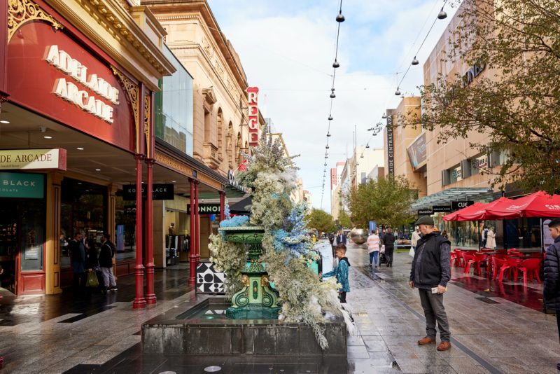 The Rundle Mall fountain covered in flowers