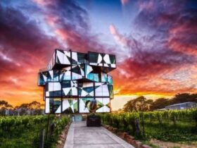 The d'Arenberg Cube surrounded by vineyards at sunset
