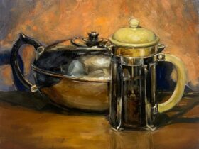 An oil painting of a kettle and a coffee perculator.