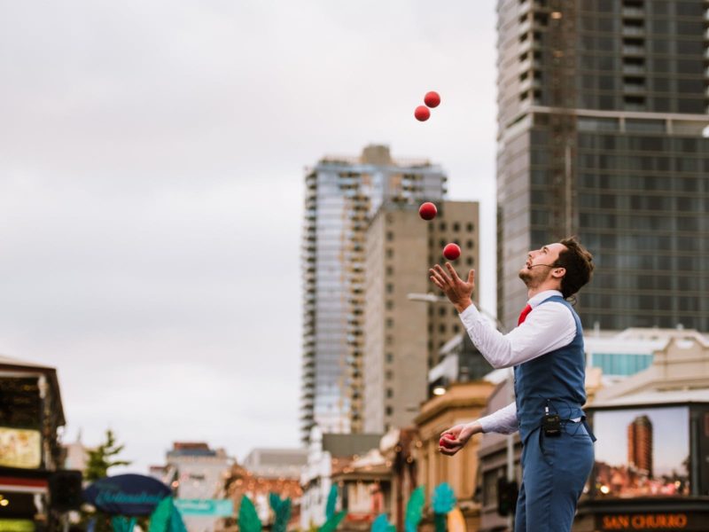 A performer juggling