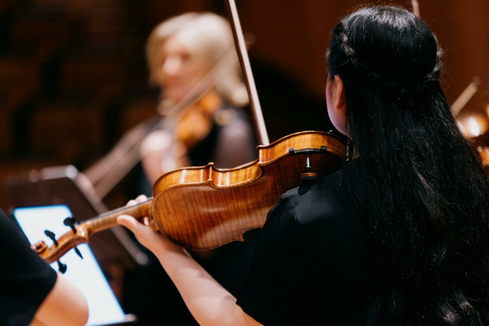 The back of a long-haired person holding a violin and bow to their shoulder among other musicians