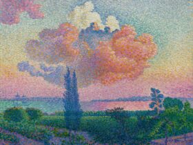 An impressionist painting of a sunset, entered on a large pink cloud