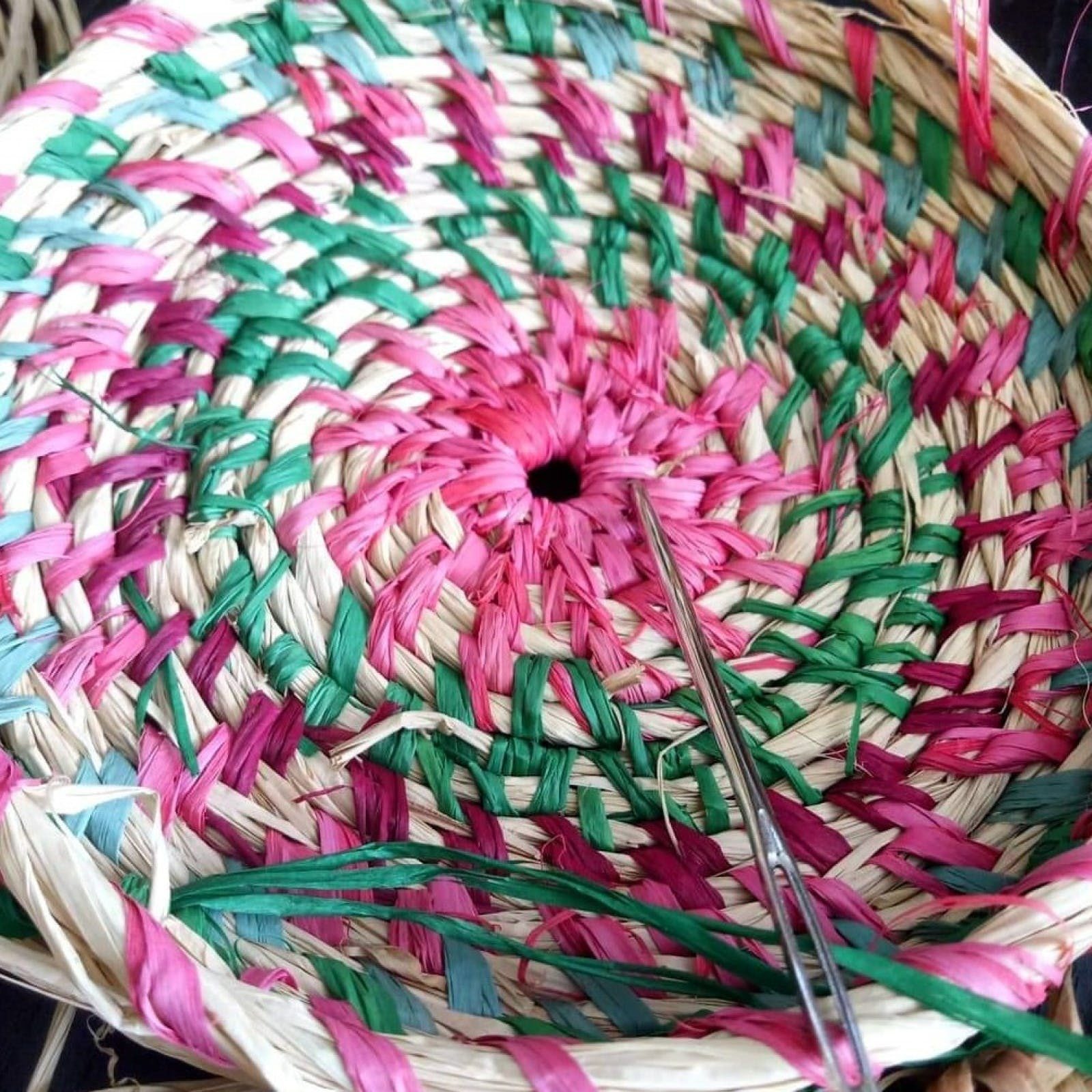 Pink and green woven basket