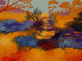 Bright oranges, reds, purples, blues landscape painting of arid foliage and path created by Kangaroo