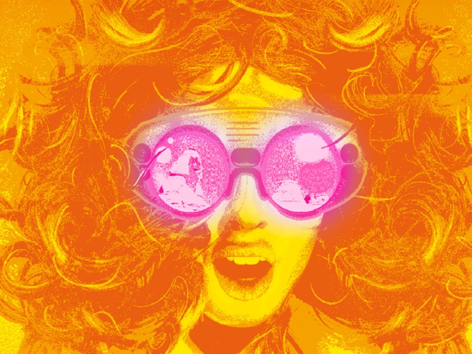 Orange and yellow cartoon human face wearing pink VR goggles