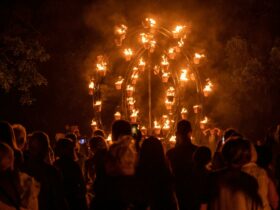 A crowd of people standing with their backs facing the camera, looking at the fire piece.