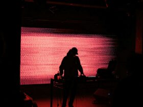 Black siloutte djing against a fuzzy red LCD screen.
