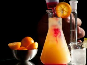 Fruity cocktail, served in a conical lab flask