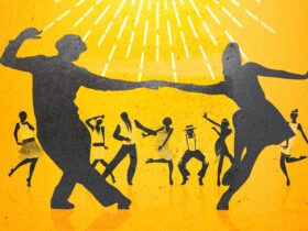 A yellow graphic with the silhouettes of people dancing