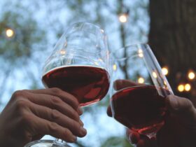 Two glasses of red wine cheersing outside under trees and lights