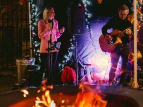 female-singer-male-guitar-live-music-fireplace-festoon-lights