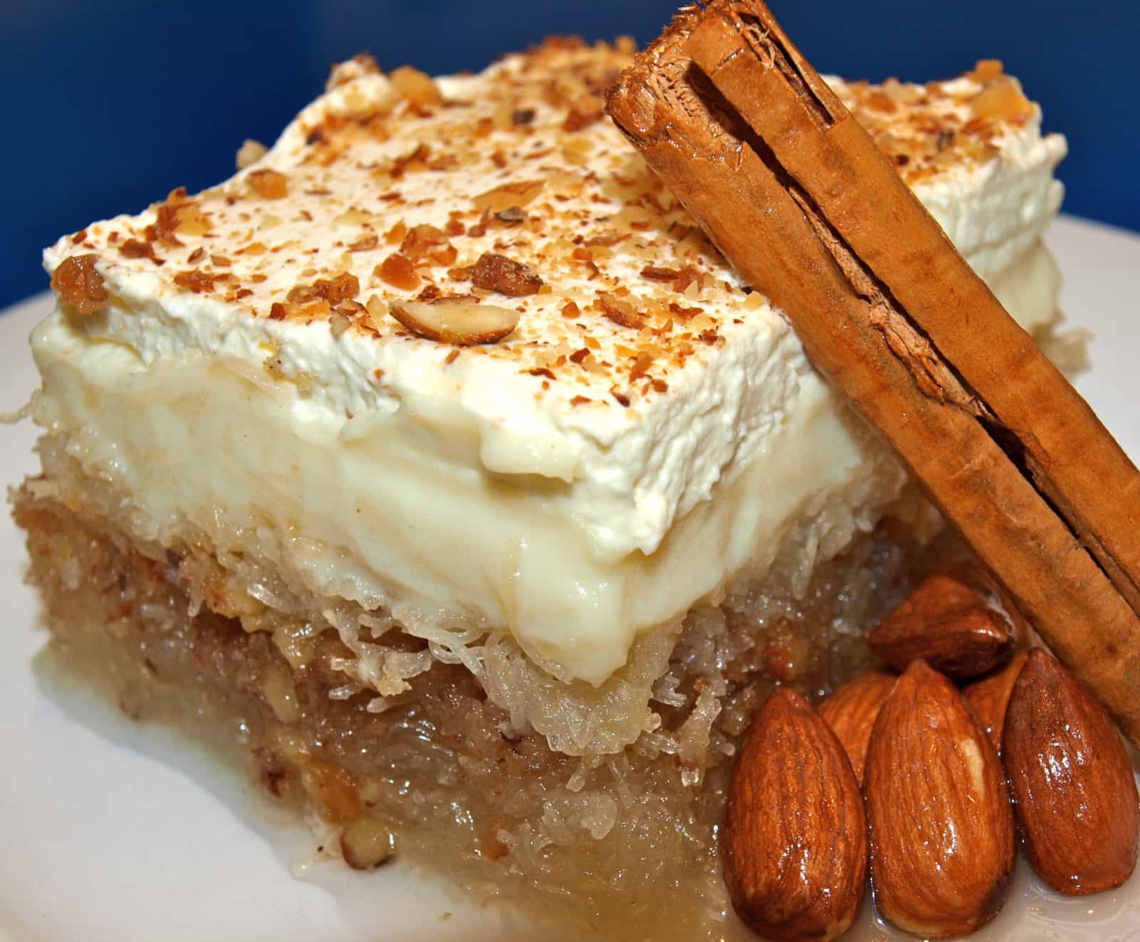 roasted kataifi with almonds, syrup then covered with a traditional custard and fresh cream