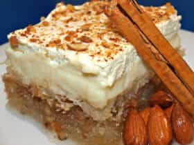roasted kataifi with almonds, syrup then covered with a traditional custard and fresh cream