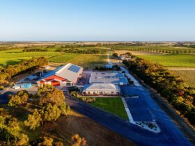 Aerial image of Cellar Door and winery in amongst the 140 hectares of Estate Vineyard.