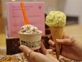 SASSI's Katayef Ice Cream in cup (left) & SASSI's Saffron Fever Ice Cream in cone (right)