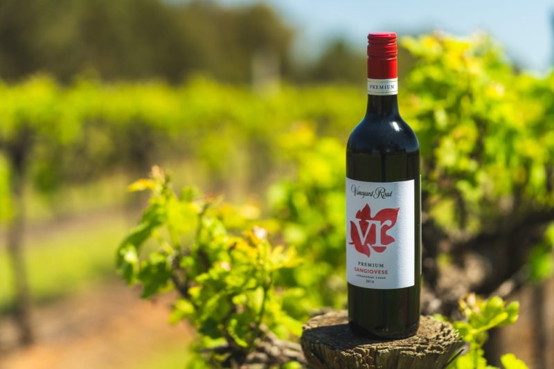 Red wine bottles standing on post in vineyard