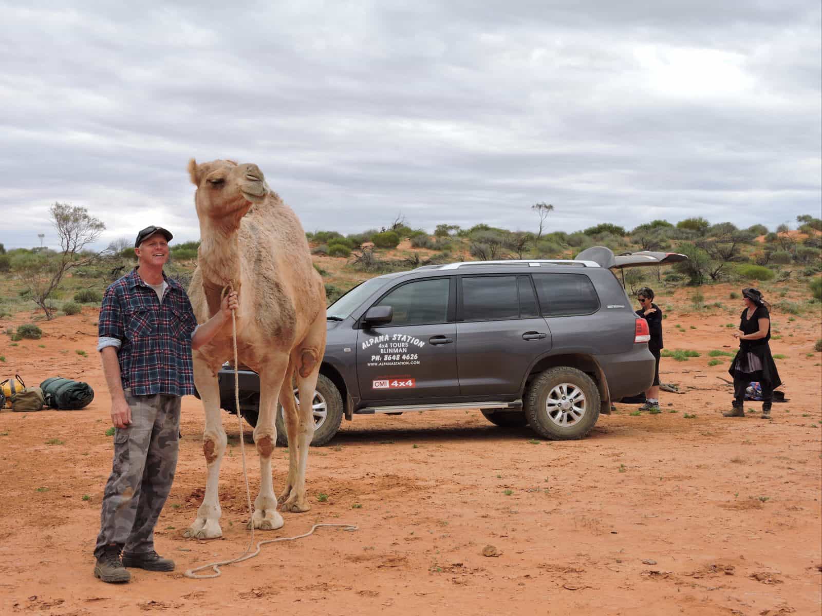Kim Geue and Bubbles with the Alpana vehicle for a camel trek transport.