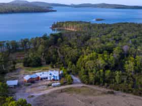 Aerial view of Bruny Island Lodge out to Mickeys Bay