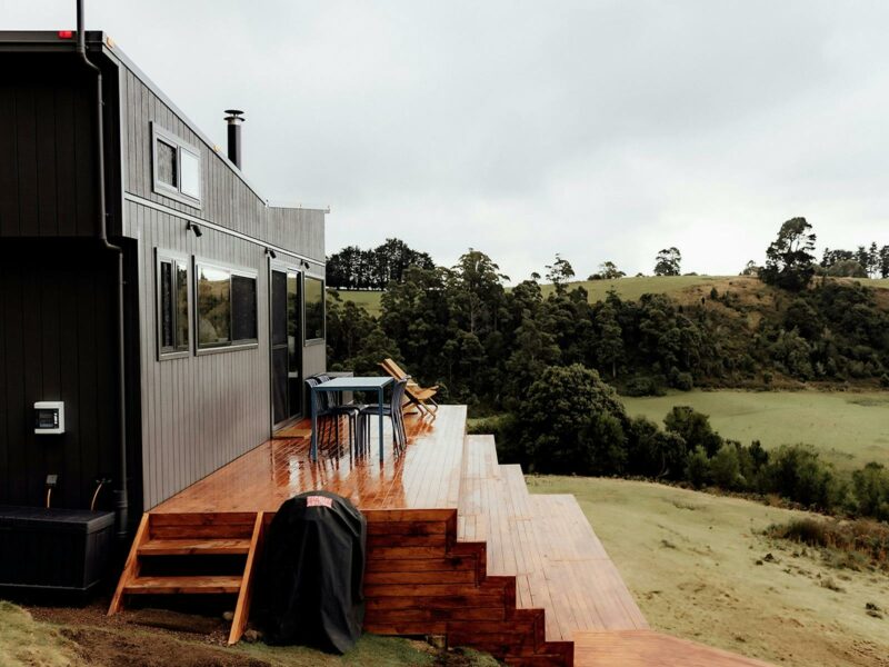 Tiny Home exterior showing the beautiful waterfall deck.