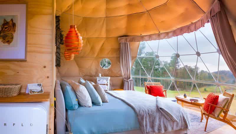 Domescapes geodesic dome glamping living room