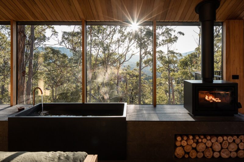 Hunter Huon Valley, bath, view of valley and toasty wood fireplace
