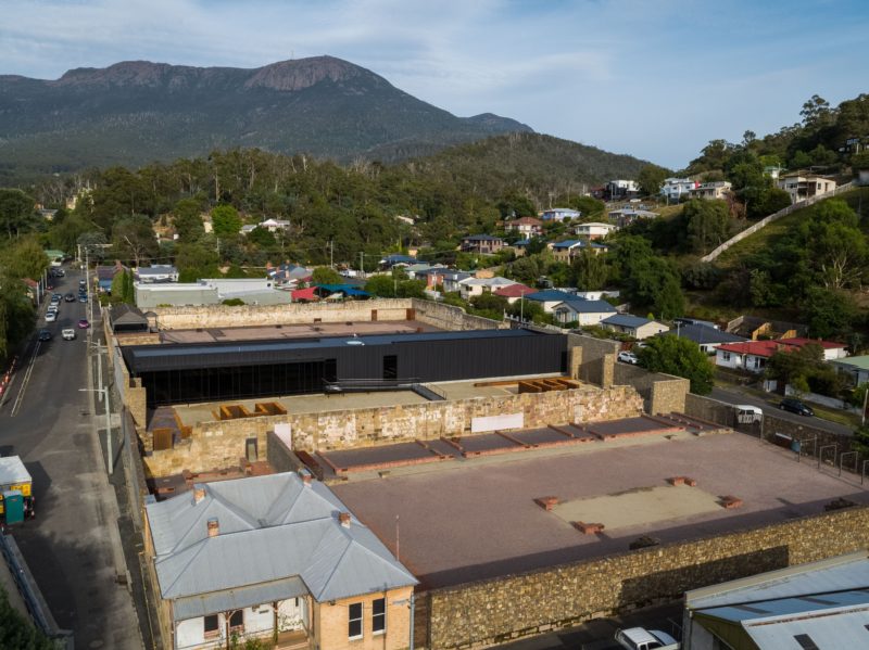 An aerial shot of the Cascades Female Factory with Mt Wellington as the background.