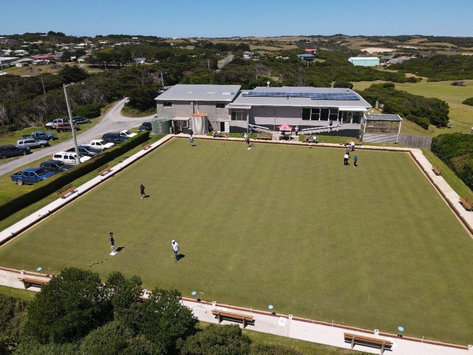 Aerial photography showing the King Island Bowling Green and the clubhouse