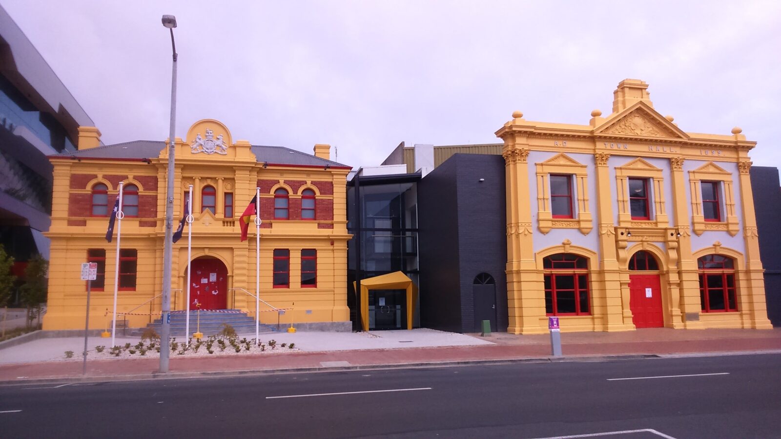 Rooke Street facade of the paranaple arts centre, including the yellow Town Hall Theatre section