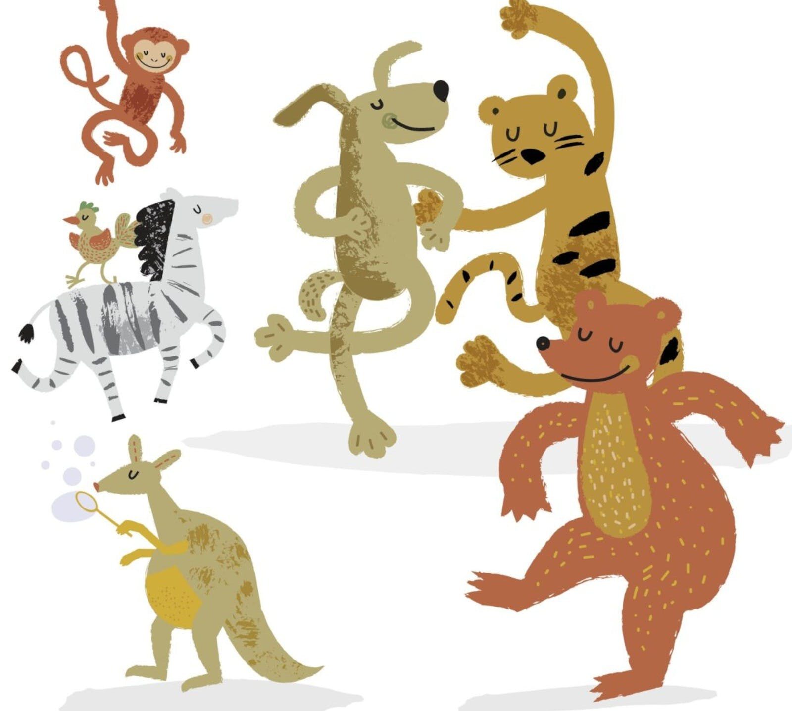 A drawing of various animals, dancing around and smiling, against a solid white background.
